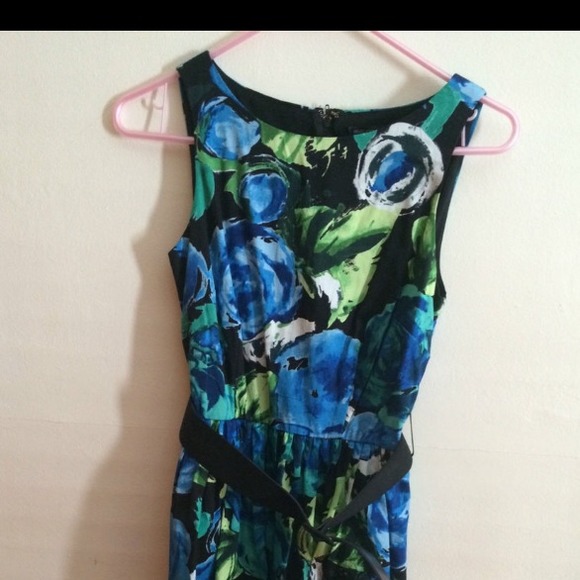 Blue green floral belted dress