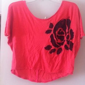 Adorable red top with black lace flower