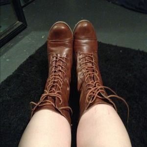 Orange/light brown combat boots go to mid calf