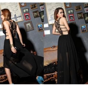 BNWT Black Spaghetti Strap Pleated Long Dress