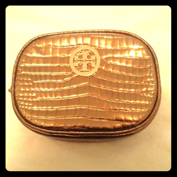 Tory Burch Bronze Embossed Leather Makeup Pouch