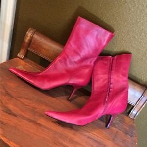 Pink boots:) brand is Chicago, leather upper.