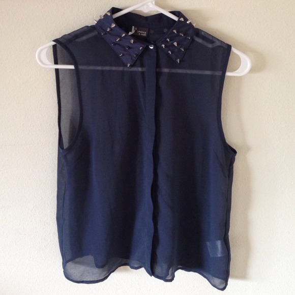 Sheer Chiffon Blouse in Navy with Silver Studs - Picture 1 of 4