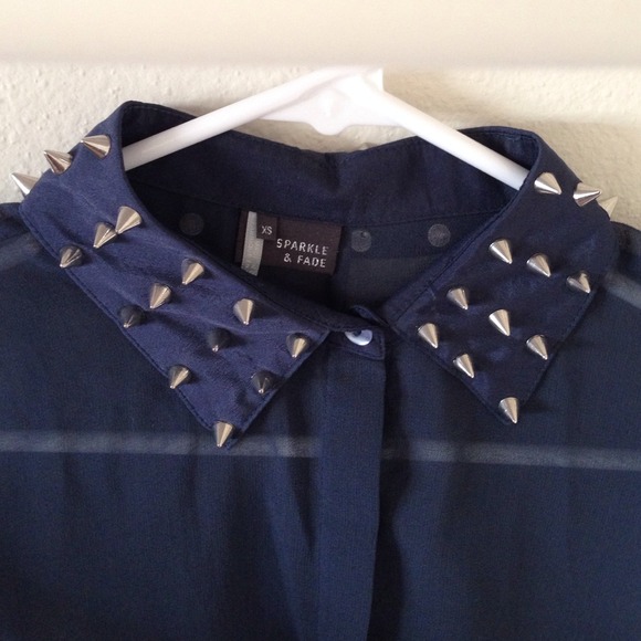 Sheer Chiffon Blouse in Navy with Silver Studs - Picture 2 of 4