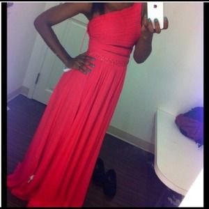simple coral one shoulder PROM DRESS