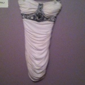 White bebe body con strapless dress w beading