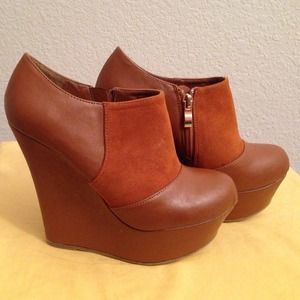 Cognac Leather & Suede Platform Wedges