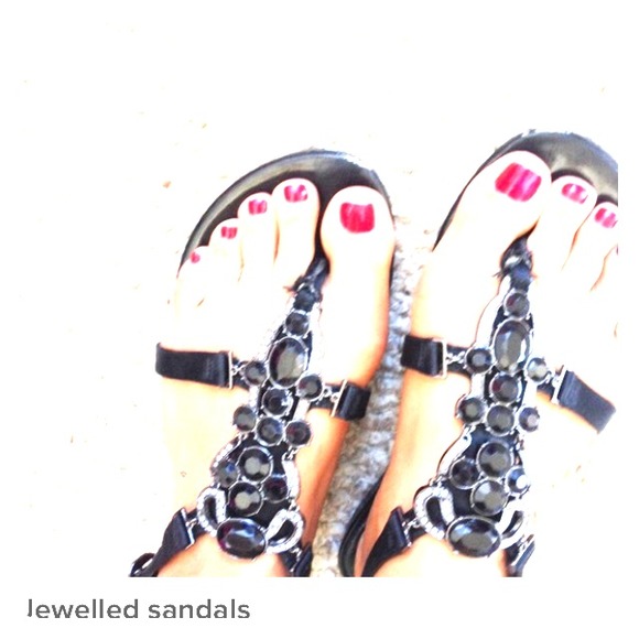 Jewelled black satin sandals