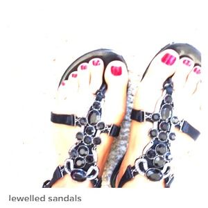 Jewelled black satin sandals