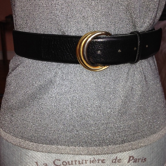 Talbots black leather belt gold buckle .
