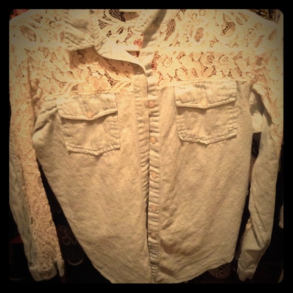Jean lace long sleeve tie button up