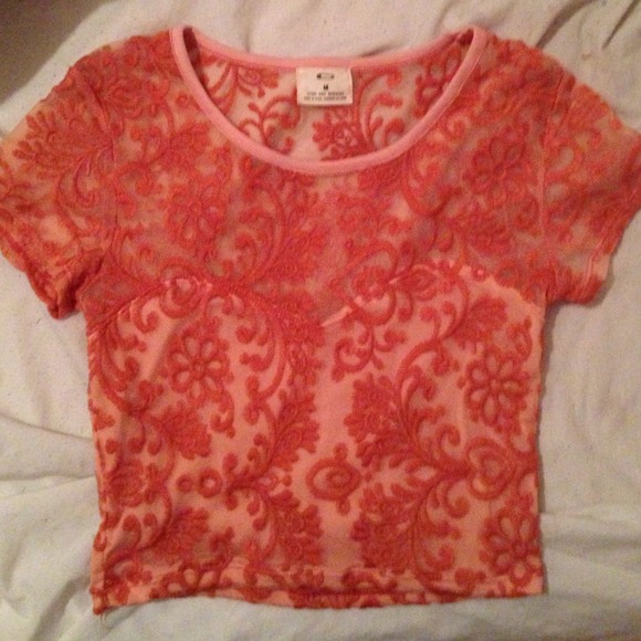 Urban Outfitters Mesh Coral Cropped Shirt