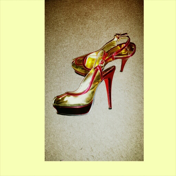 Red and gold sling back 4" heels - Picture 2 of 3