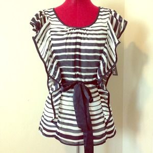 Cream & Navy Striped Flutter Top