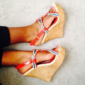 Flirty Red Cork Wedges with Gold Embellishments!