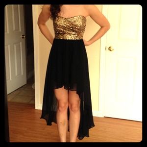 Strapless,black and gold. High-low dress.