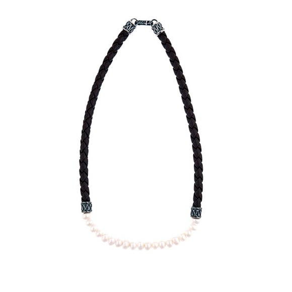 Sterling silver, braided leather & pearl necklace