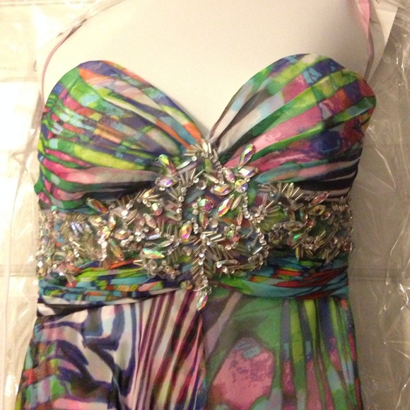 Embellished multi print strapless prom dress - Picture 3 of 4