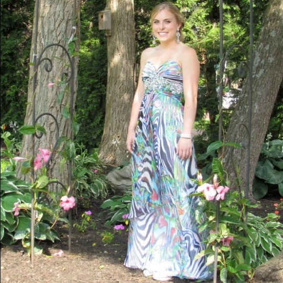 Embellished multi print strapless prom dress - Picture 4 of 4