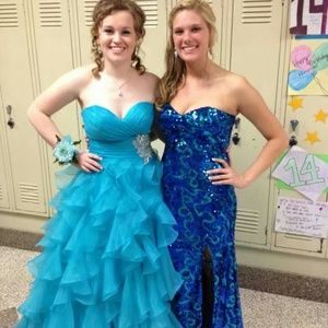 Strapless blue and green sequin prom dress