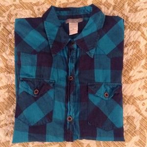 Navy blue & turquoise plaid button up shirt. XL