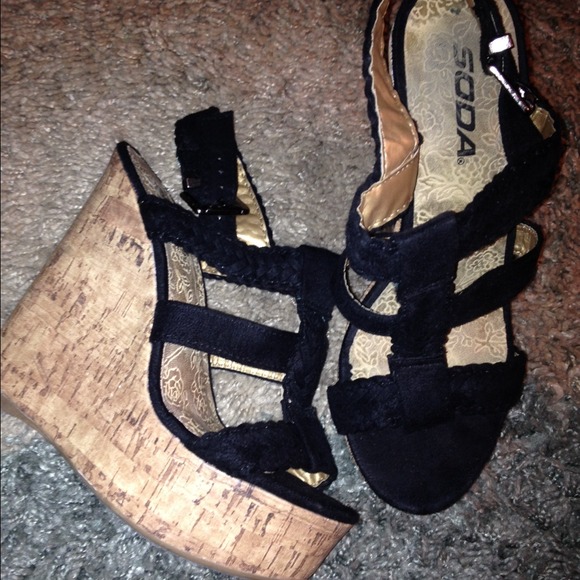 Black strappy wedge sandals