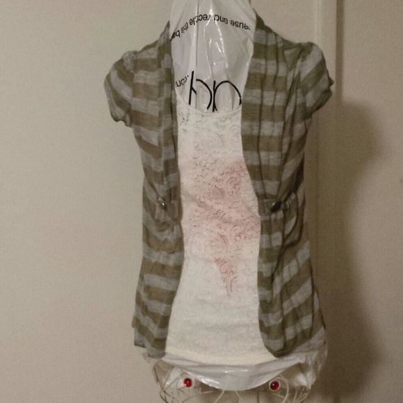 Short sleeved cardigan.  Green and Grey stripped.