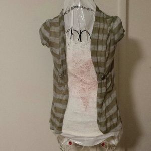 Short sleeved cardigan.  Green and Grey stripped.