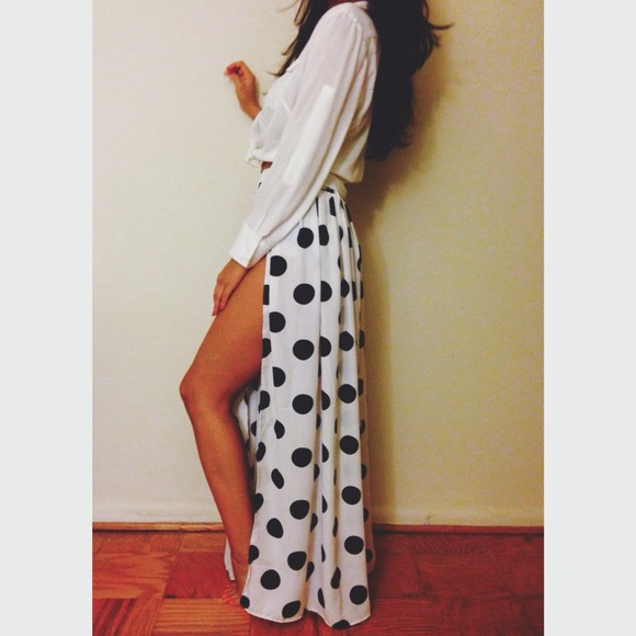 Moxidress Drape Front Slit Ruched Polka Dot Skirts