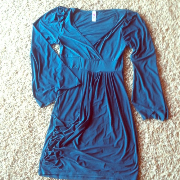 Teal Bell Sleeve Silky Dress w/ Rouched Skirt NWOT