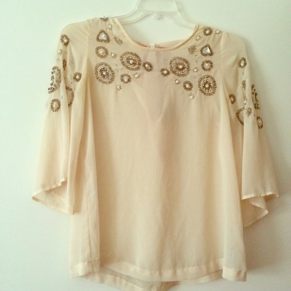 Forever 21 Embellished Sheer Cream Blouse Top