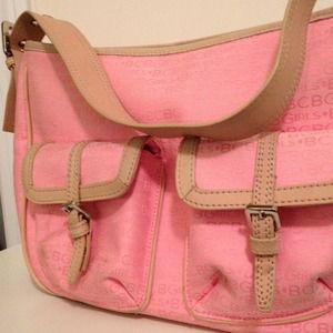 BCBG pink hobo, leather details, logo fabric.