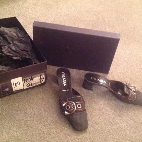Authentic PRADA denim kitten heels with buckle