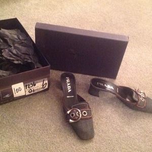 Authentic PRADA denim kitten heels with buckle