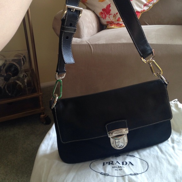 Authentic PRADA black shoulder bag w/silver buckle