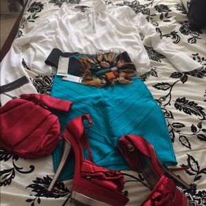 Bebe Skirt, Bebe Heels, Bebe belt and bcbg clutch.