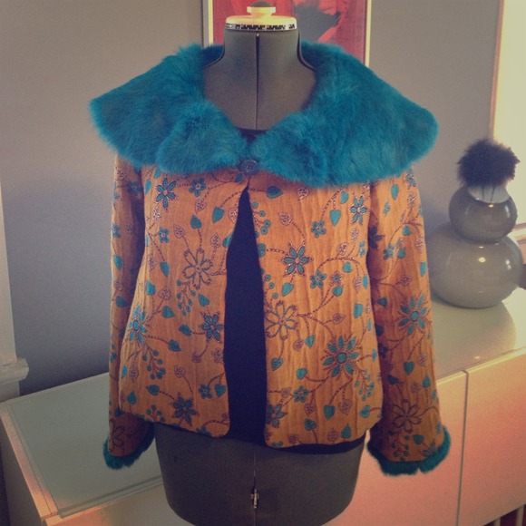 Blue rabbit fur and brocade swing coat