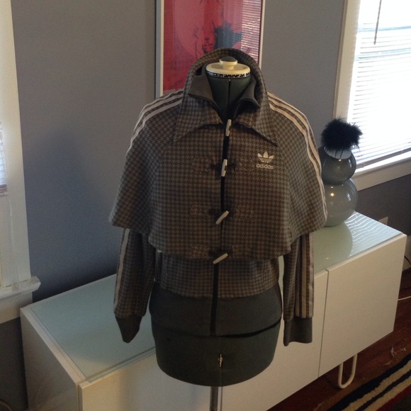 Houndstooth track jacket with toggles and cape