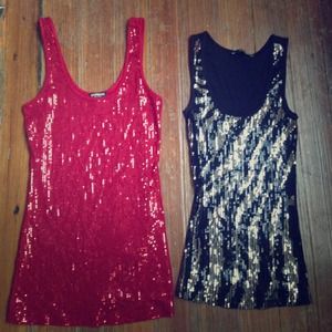 2 Express sequin tanks. One red one black