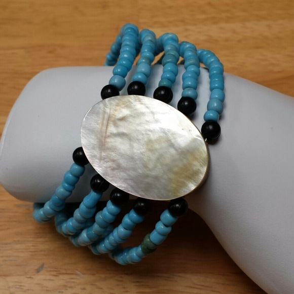 Holiday Sale- Round Blue Beaded MOP Cuff