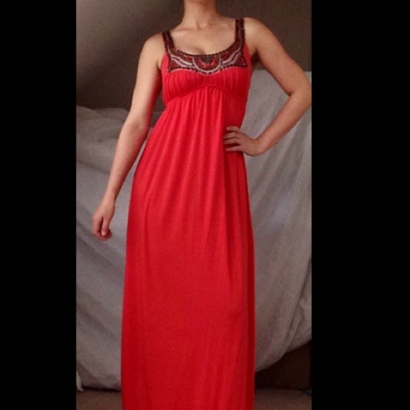 Beaded and brass embellished coral maxi