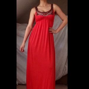 Beaded and brass embellished coral maxi