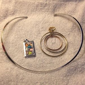 Silver tone cuff necklace with two pendants
