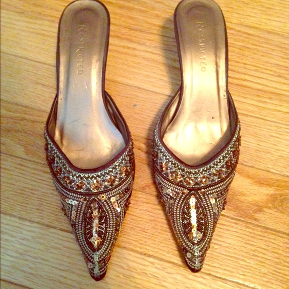 Brown beaded slip on heels