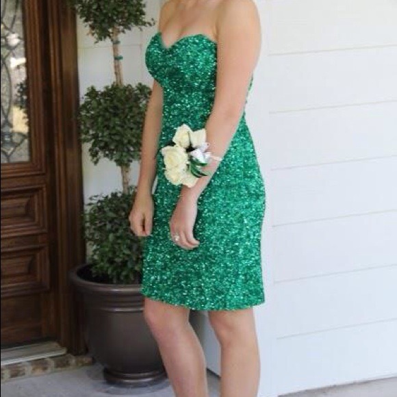 Green prom dress , sparkly sequins