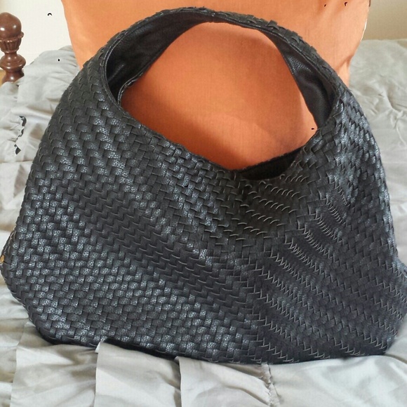 Everyday Black Woven Handbag with Gold Studs