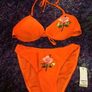 Orange sequins flower bath suits