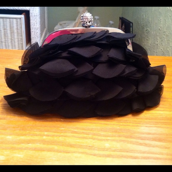 Black Ruffled CASHE Clutch, With Rhinestone Decor - Picture 1 of 4