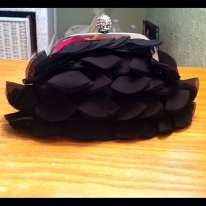 Black Ruffled CASHE Clutch, With Rhinestone Decor