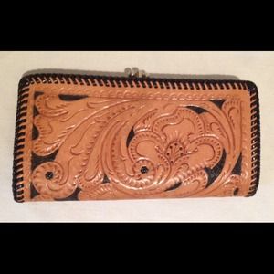 Genuine Tooled Tan/Black Leather Wallet/Clutch